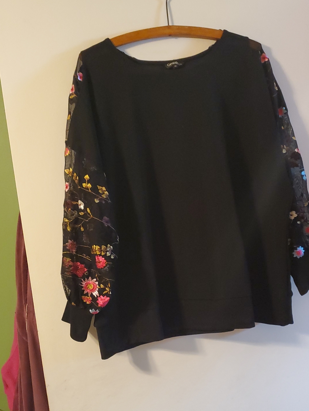 George 2X Black Shirt  with Floral Embroidered Mesh Long Sleeves